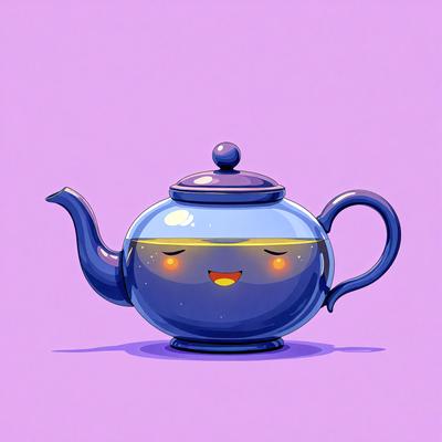 The primary subject of the image is a blue tea kettle with a face drawn on it. The setting is a purple background, and the visual style is a digital art or illustration. The colors and mood of the image are predominantly blue and purple, giving it a calm and soothing atmosphere.